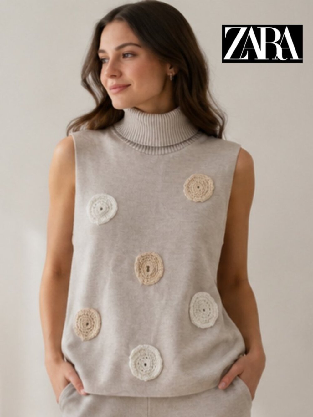 Zara Women Upcycled Sweater Handmade Crochet Sleeveless Chunky Turtleneck Knit M